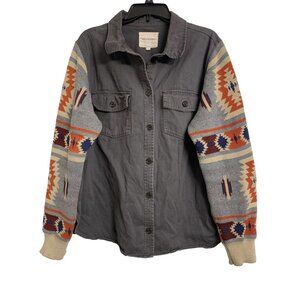 Thread & Supply L Gray Button Up Shacket Aztec Knitted Sleeves 4 Pockets